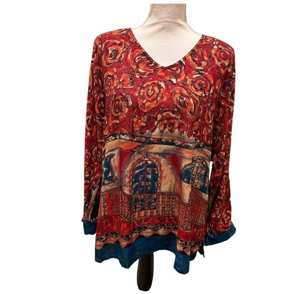 Carol Little Vintage Rayon Popover Top Abstract Floral L - Picture 1 of 6